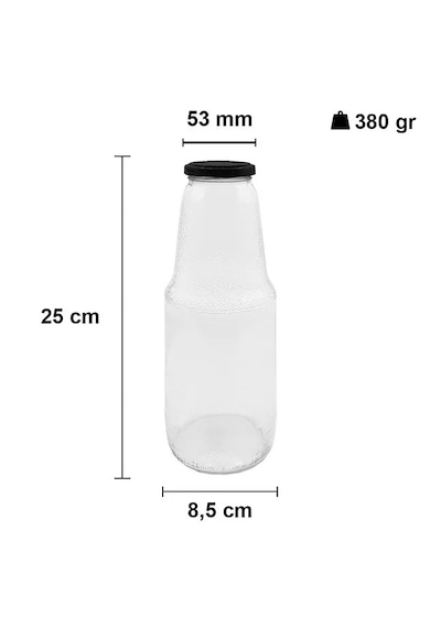 Rotanev Şeffaf Sürahi Süt, Ayran, Su, Limonata, Meşrubat Şişesi Metal Siyah Kapaklı Cam Şişe  3 Adet 1 Litre