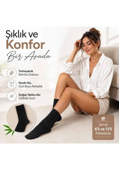Genel Kadın Bambu Uzun Çorap 6 Lı Paket, Dikişsiz Burunlu Yumuşak Dokulu Siyah Beyaz Siyah 6 Lı / 36-40