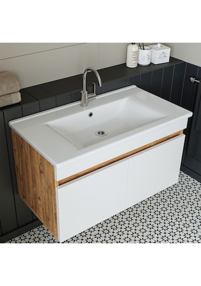 Roomart '' Lavabolu '' Atlantik-beyaz Mdf 85cm Banyo Alt Dolabı Atlantik Çam - Beyaz