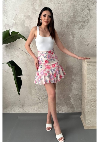 Alemdarshop Pembe Çiçekli Etek