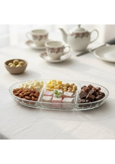 Şık Tasarımlı 3 Bölmeli Cam Kahvaltılık 27x15 Cm Dayanıklı Servis Tabağı, Çok Bölmeli Sunum Kabı, Çiz Diğer