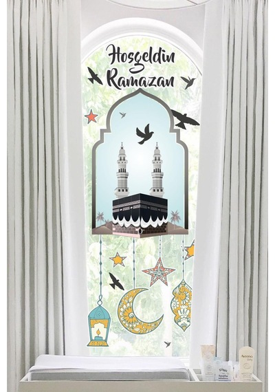 MSticker Hoşgeldin Ramazan Cam Duvar Sticker - Kabe Kuşlar Ve Fener Figürlü Duvar Cam Sticker