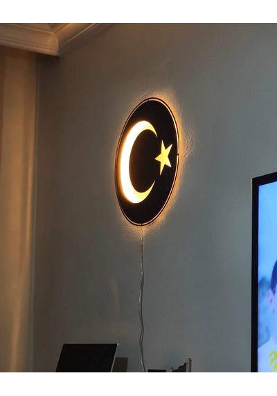 Motto Dekor Lazer Kesim Amber Led Işıklı Metal Türk Bayrağı Görselli Duvar Dekoru Duvar Aydınlatması Siyah