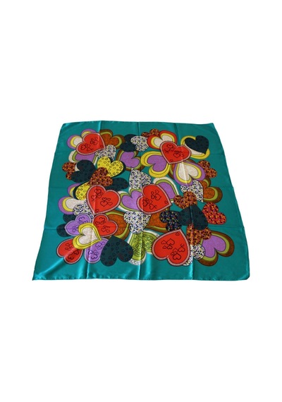Tikitonki Kare Kesim Kalp Desenli Saten Yeşil Eşarp - 90x90 Karışık Karışık