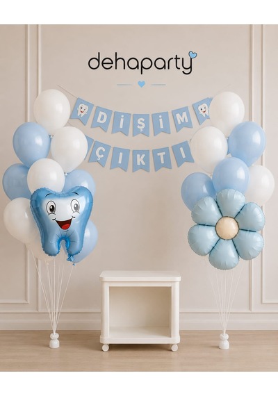 Diş Buğdayı Parti Süsleme Seti Dişim Çıktı Banner Balon Süsleri Kız Erkek Bebek Doğum Günü Konsepti 23 Parça Mavi