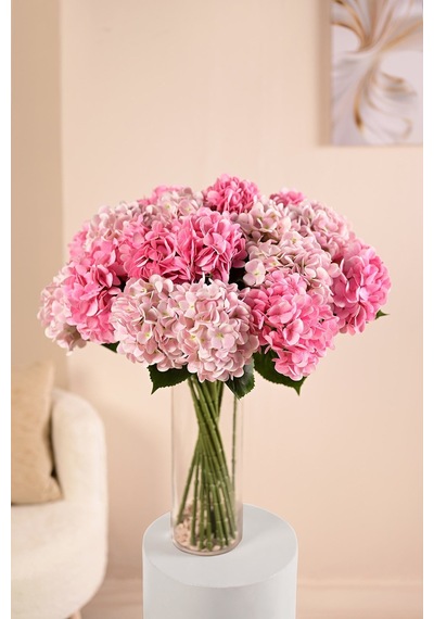 Pembe Yapay Ortanca Çiçeği Tek Dal Premium Canlı Islak Dokulu 68 Cm