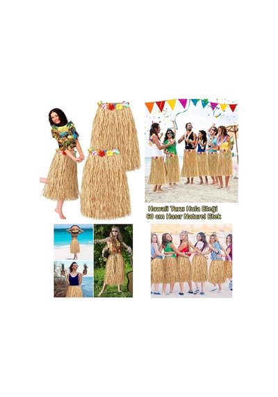 Hawaii Tarzı Hula Eteği 60 Cm Hasır Naturel Etek Bx40 Açık Gri