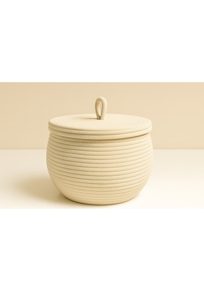 Mavaux Mutfak, Banyo Ve Ev İçin Halat Hasır Sepet 17x21 Cm Kapaklı Saklama Sepeti Honeypot Krem
