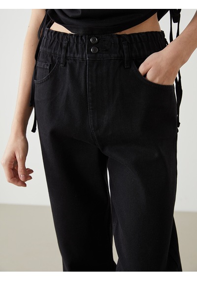 Lcw Jeans Siyah Beli Lastikli Slouchy Fit Kadın Jean Pantolon