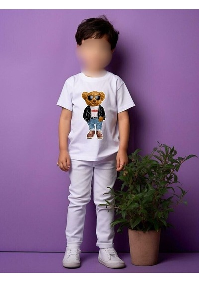 Ayıcık Baskı Detaylı Kısa Kollu %100 Pamuklu Beyaz Çocuk T-shirt Beyaz Ayıcıklı