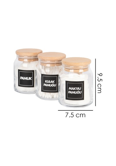 3'lü Ahşap Vakumlu Kapaklı Kulak Pamuğu Makyaj Pamuğu Ve Pamuk Kavanozu Pamukluk Seti 300 Ml Şeffaf