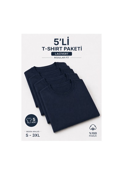 Masion Rae Erkek 5'li Basic Regular Fit Tişört Seti %100 Pamuk Bisiklet Yaka Lacivert Renk