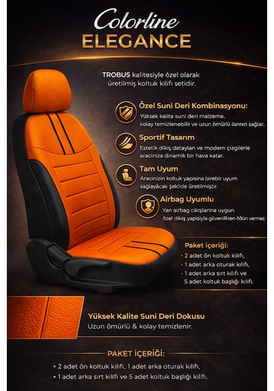 Volkswagen Bora 1998-2005 Uyumlu Colorline Elegance Deri Turuncu Siyah Koltuk Kılıfı
