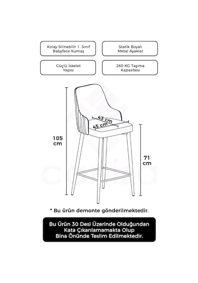 Canisa Enox Serisi,1 Adet Su Yeşili Sandalye Yemek Odası Bar Sandalyesi, Babyface Kumaş, Siyah Metal Ayak Sandalye Su Yeşili Ayaklar Siyah