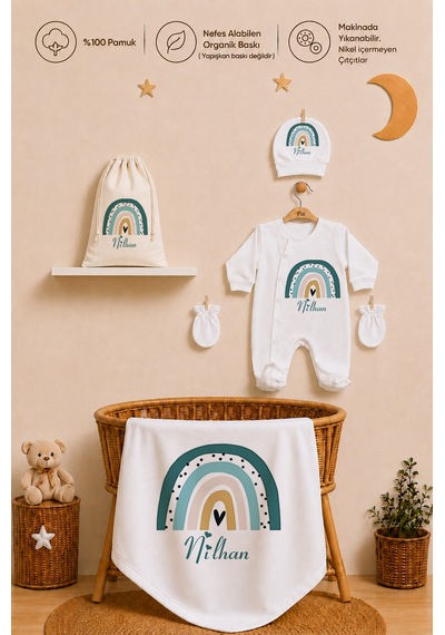 Pia Baby İsme Özel %100 Pamuk Erkek Bebek Yastık Battaniyeli Tulum Set Kese Hediyeli 1095tybkyx Krem