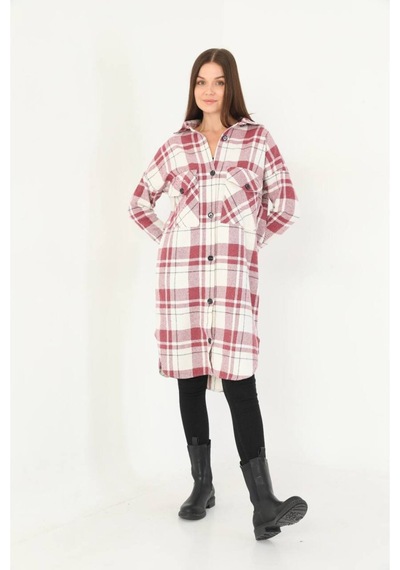 Polologin Butik Bordo Bej Oduncu Kışlık Kumaş Gömlek Elbise Bordo