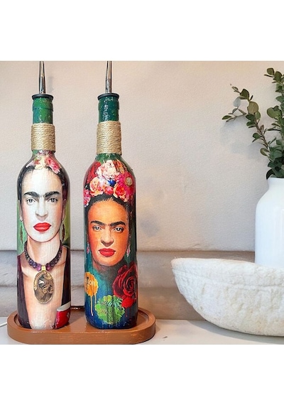 Özel Tasarım 750 Ml Zeytinyağı Sıvıyağ Şişesi Yağdanlık Yağlık Sirkelik Sosluk 2'li Set, Dekor Çok Renkli