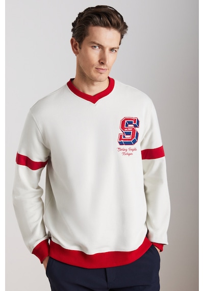 Grımelange Reynon Erkek V Yakalı Aplikeli Organik Pamuklu Içi Polarlı Yumuşacık V Yaka Taş Rengi Sweatshirt