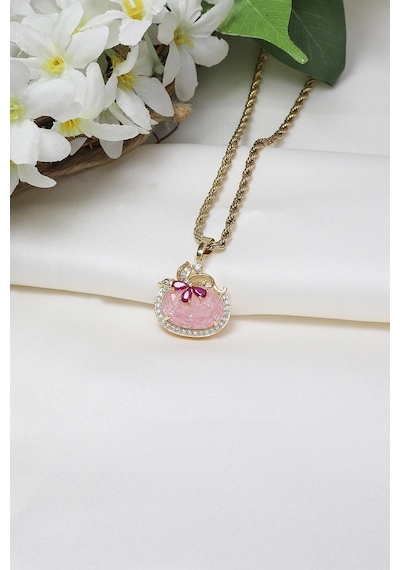Pembe Taşlı Bombeli Çelik Kolye Çok Renkli