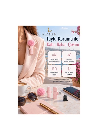Kablosuz Tüylü Pembe Yaka Mikrofonu Type-c Ve İos Girişli 2 Li Set Bluetooth 5.0 Pembe Pembe
