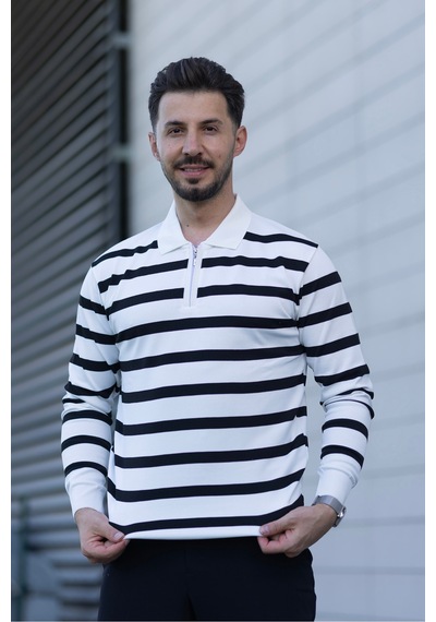 Hk Premium Kazak Fermuarlı Polo Yaka Çizgili Triko Sweatshirt Beyaz