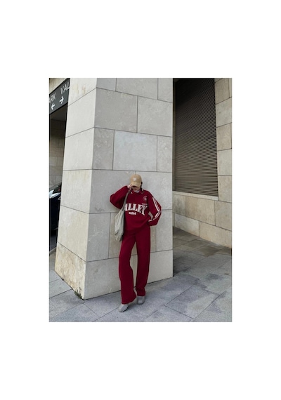 Kadın 3 İplik Pamuklu Yakalı Sweat Baggy Pantolonlu Takım - Bordo
