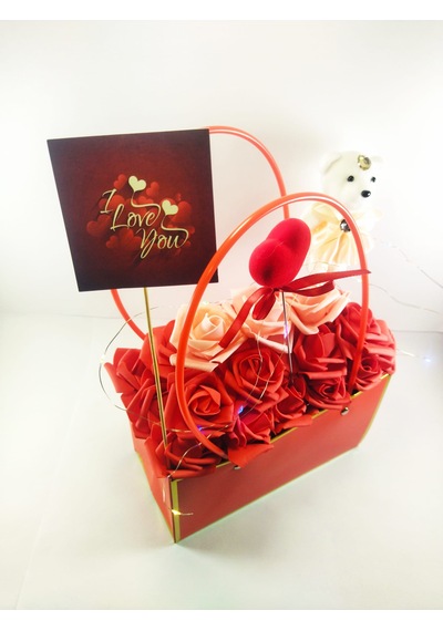Işıklı Gül Aranjmanı I Love You Yazılı Kalpli Çanta Dolusu Güller Ayıcıklı Romantik Sevgili Hediyesi Led Işıklı Dekoratif Çiçek Gül Kırmızı + Pembe