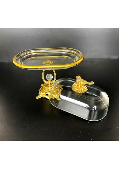 Elta Collection Kuş Figürlü Gold Metal Kristal Ayaklı Sunumluk Tereyağlık Peynirlik Kahvaltılık Gold