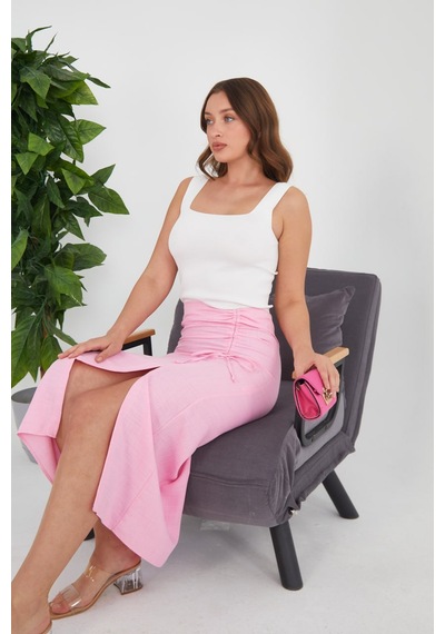 Lilys Derin Yırtmaçlı Çok Zarif Pembe Keten Etek Pembe