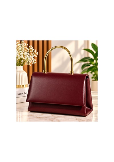 Names Bag Zincir Askılı Abiye Omuz Çnatası - Gold Metal Kulplu Şık Davet Çantası Bordo Bordo