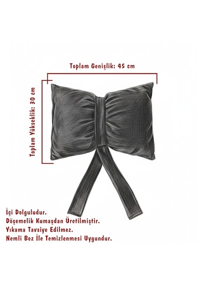 Fiyonk Kurdele Tasarımlı Dekoratif Kırlent Yastık, 1. Sınıf Döşemelik Kumaş, Dolgulu  Minder Koyu Siyah