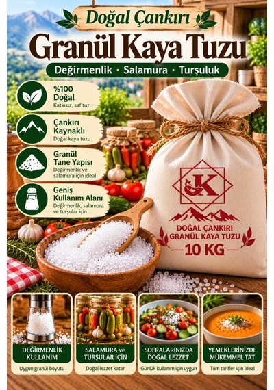 Doğal Çankırı Granül Kaya Tuzu 10 Kg İri Taneli Değirmenlik Salamura Turşuluk Çok Renkli