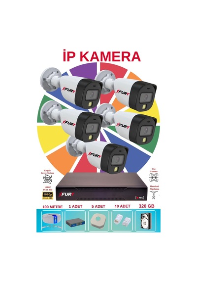 Fury 5 Li Ip Güvenlik Kamera Seti Sesli 4mp Gece Renkli Su Geçirmez 5515s 320gb