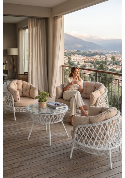 Viola Serisi 1. Sınıf 2+1+1 Beyaz Rattan Cappucino Minder Bahçe Balkon Oturma Koltuk Takımı Viola Serisi 1. Sınıf 2+1+1 Beyaz Rattan Cappucino Minder Bahçe Balkon Oturma Koltuk Takımı