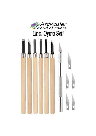Linol Oyma Seti Ahşap Saplı 6 Parça 1 Paket Kretuar Bıçağı Oyma Kesme Bıçak Seti Linol 6 Bıçaklı Linolyum Baskı Seti