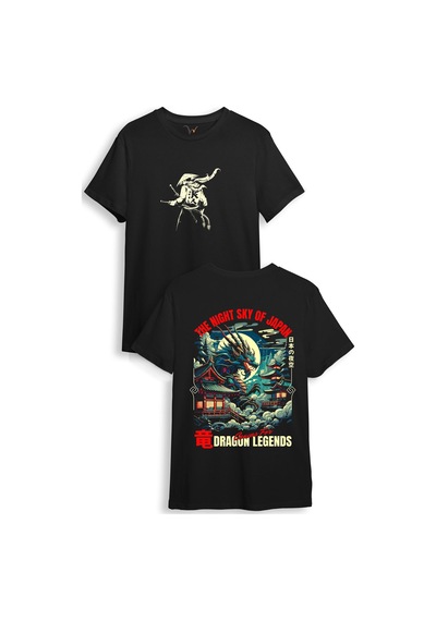 Japon Samuray Streetwear Dragon Ejder Baskılı Şık Tasarımlı %100 Pamuk Regular Fit Siyah T-shirt Siyah