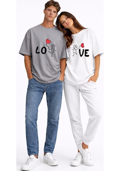 Sevgili Kombini Love Baskılı Çift Tişört Oversize Unisex Partner Antrasit