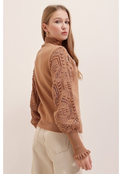 Kadın Camel Yarım Balıkçı Kolu Dantel Detaylı Kazak Camel