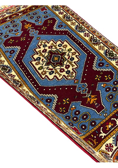 El Dokuma Sıfır Koleksiyonluk Yahyalı Halısı 93x160 Mavi Kırmızı Yün Kök Boya