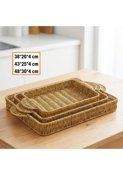 River World Sunum Ve Servis Tepsileri Plastik Hasır Görünümlü Rattan İç İçe Geçen 3 'lü Dikdörtgen Çok Renkli
