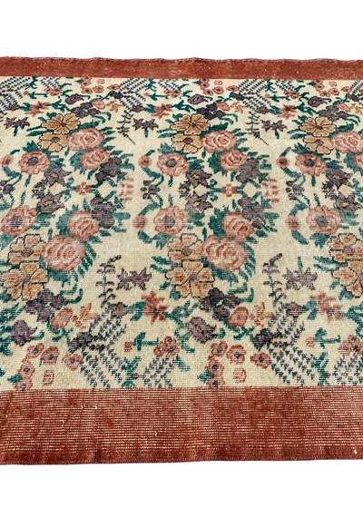 El Dokuma Eskitme Vintage Halı 118x208 Çiçekli Turuncu Retro Halı Turuncu