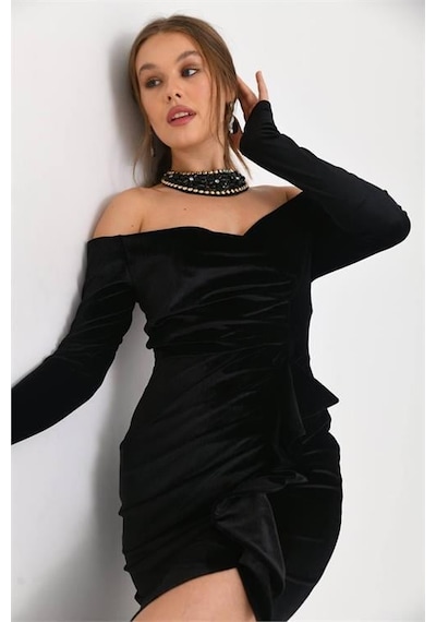 Dip Moda Kadın Kadife Yırtmaç Detaylı Uzun Abiye Elbise Dpnbs9298 Siyah