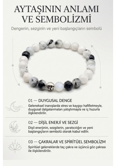 Hakiki Doğal Ay Taşı Bileklik 8 Mm Orijinal Doğal Taş Kadın Erkek Küre Kesim Beyaz - Siyah