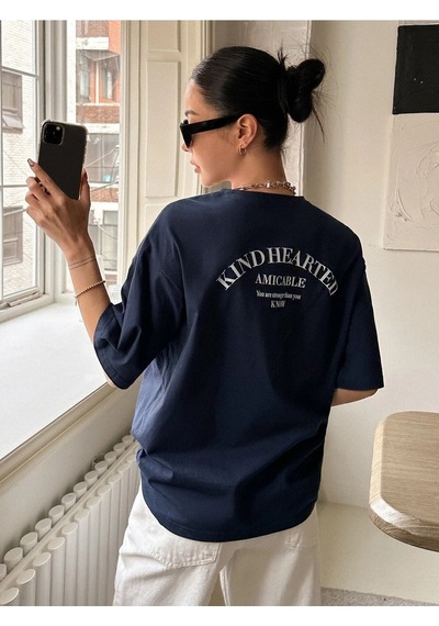 Flood Of Style Kadın Lacivert Kind Hearted Baskılı Oversize T-shirt