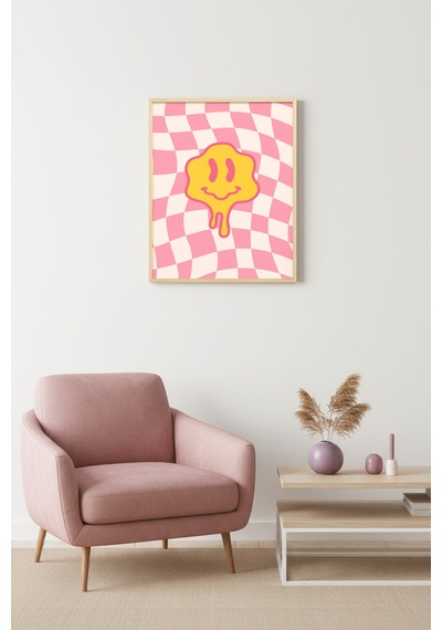 Doğal Ahşap Çerçeveli Retro Tablo - Pop Art Smiley Yüz Deseni Huhu2851
