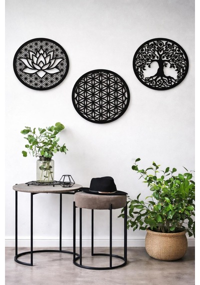 Hayat Ağaçı Yaşam Çiçeği Lotus Çiçeği Anlamlı Ahşap 3 Parça Duvar Dekor Tablo