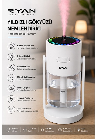 Yıldız Gökyüzü Projeksiyonlu Hava Nemlendirici 280 Ml 7 Renk Led, 180 Gece Lambası Ve Aroma Difüzör-14926