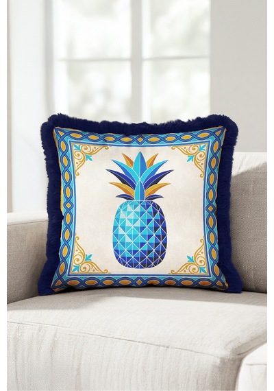 Ananas Tropik Otantik Motifli Saçaklı Yastık Kılıfı - Akdeniz Mavi Lacivert Püsküllü Kırlent Kılıfı Sakin Ufuk Serenat