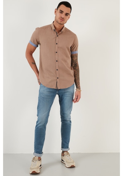 Buratti Pamuklu Slim Fit Düğmeli Yaka Kısa Kollu Erkek Gömlek Cf21S112546 Toprak