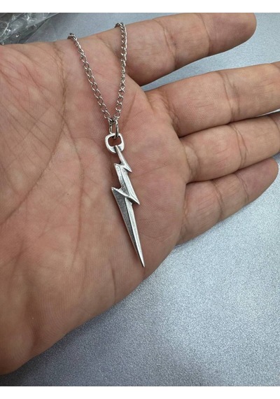Şimşek Figürlü Metal Kolye 60 Cm Zincir Gümüş Renk Unisex Aksesuar Çok renkli